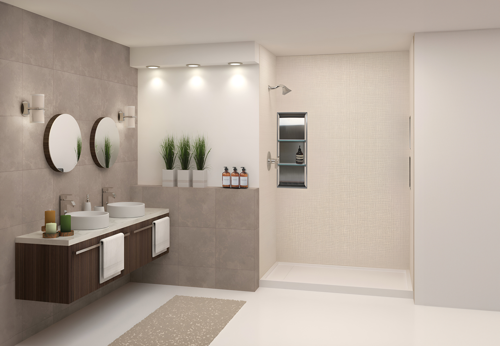 new walk-in shower and floating vanity